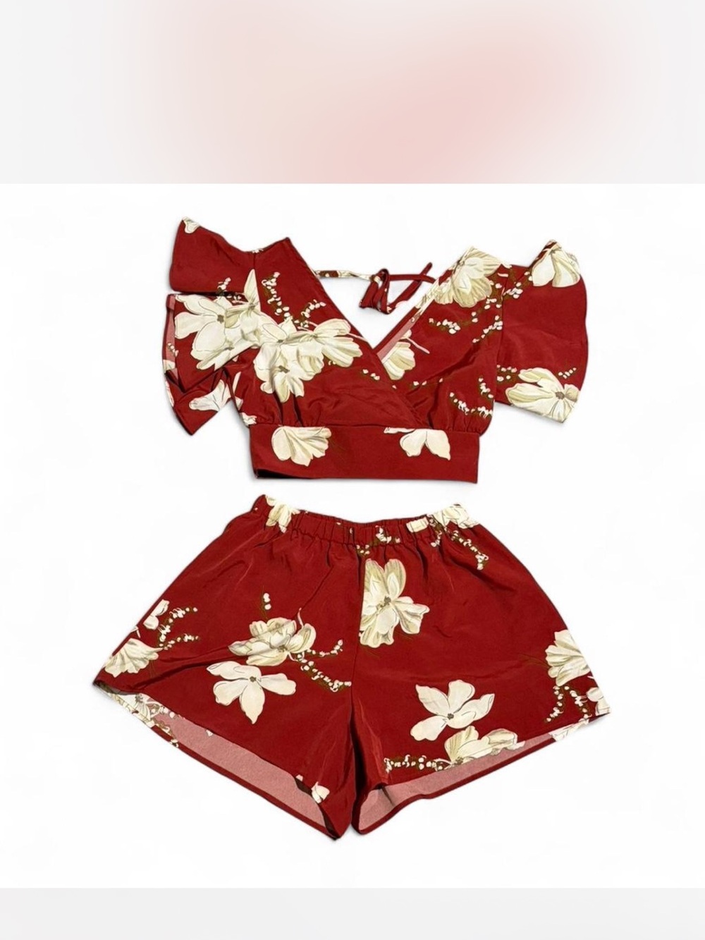SHEIN Red Floral Puff-Sleeve Crop Top & Shorts Set women’s size small